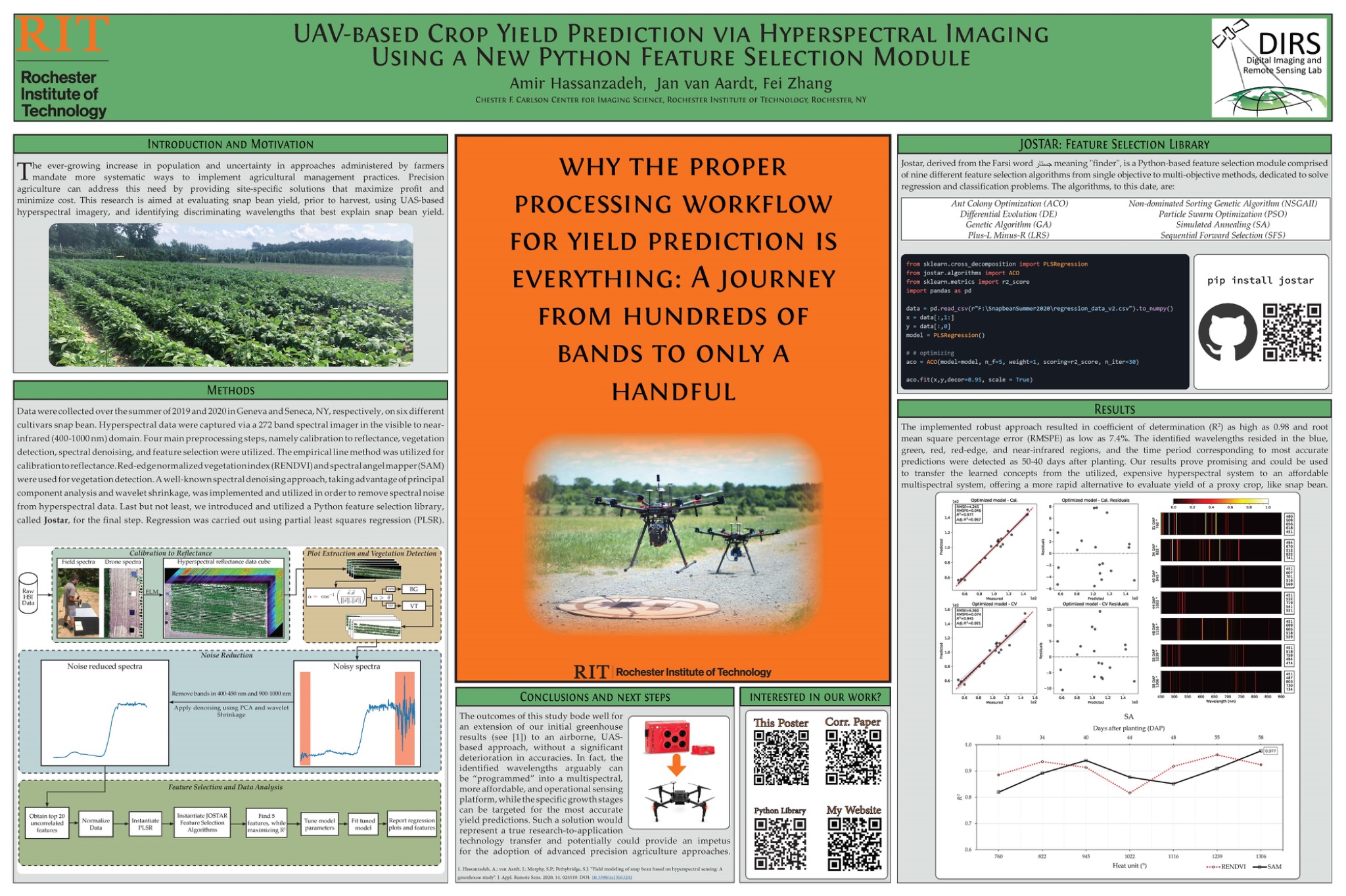 AGU 2021 poster presentation. Showcasing the complete workflow and processing pipeline, from hyperspectral data calibration to vegetation extraction, PCA-based noise removal, feature selection, and modeling