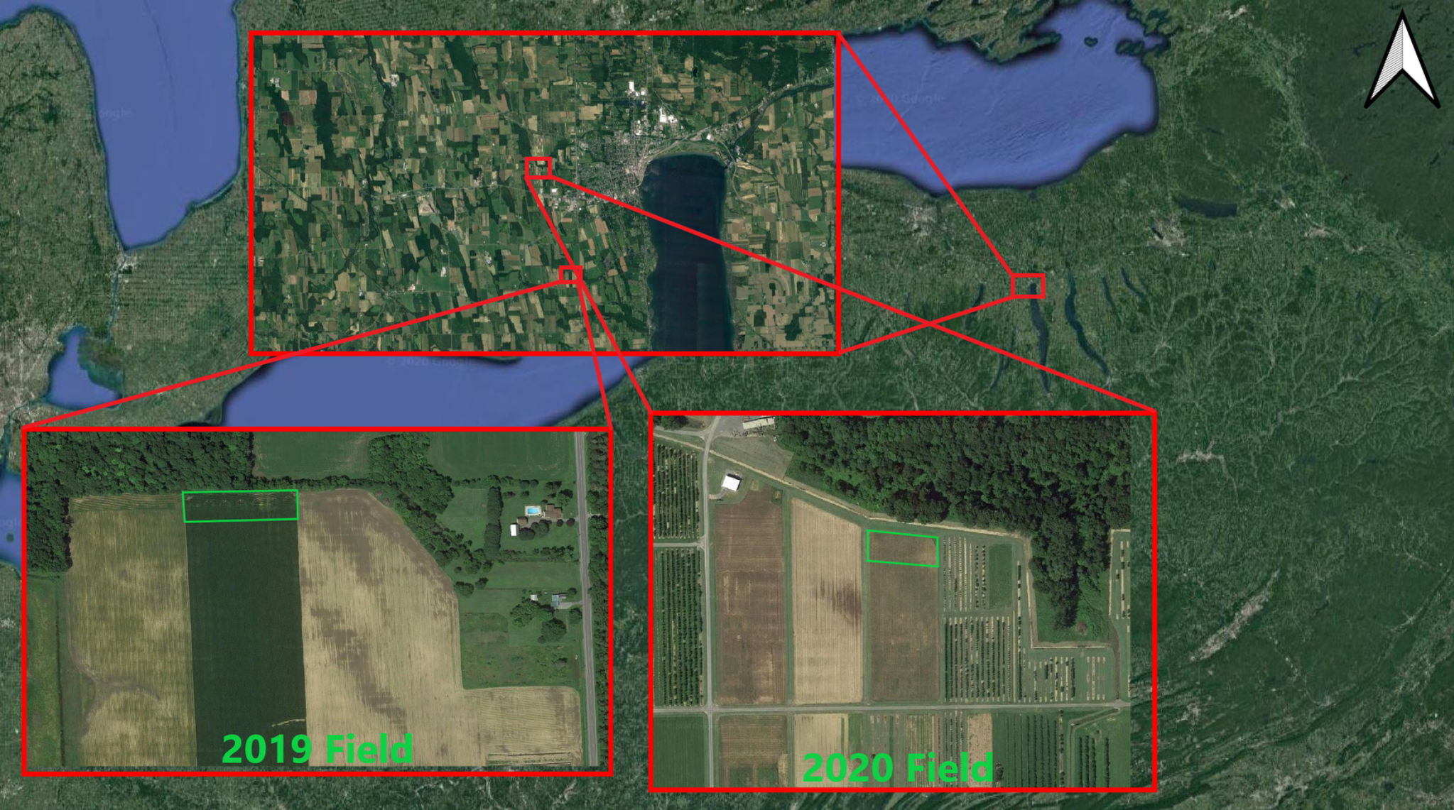 The research was conducted across two locations over two years in Upstate New York, in collaboration with Cornell plant pathologists who provided ground-truth data.
