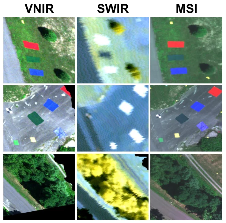 VNIR, SWIR, and multispectral views show differences in spatial alignment and pushbroom artifacts.