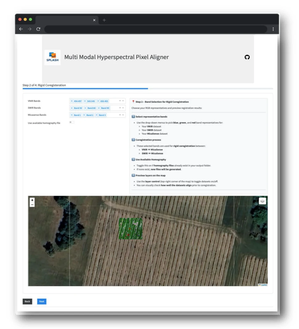 A guided interface supports band selection, alignment inspection, and processing.